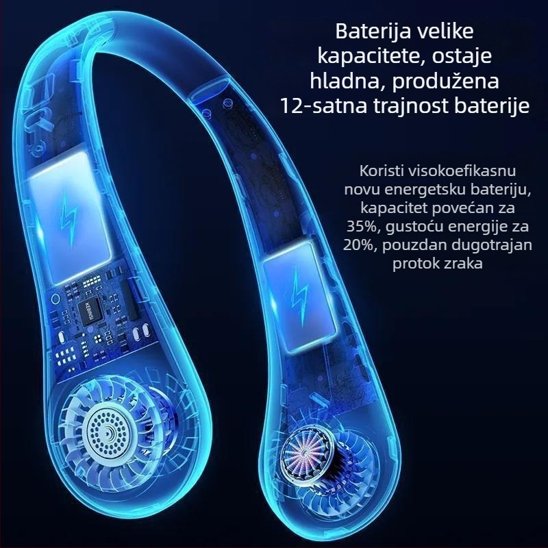 Ventilator za vrat bez lopatica, USB punjenje, 4 brzine, ugrađena baterija 1200–2000 mAh, motor bez četkica