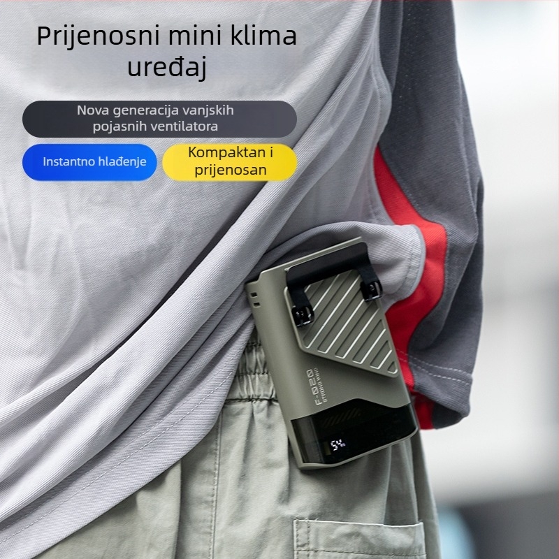 Nosivi ventilator za vrat i struk s turbinskom bez lopatica, 3 brzine, zamjenjiva baterija 300–500 mAh, trajanje rada 3–6 sati, niska buka