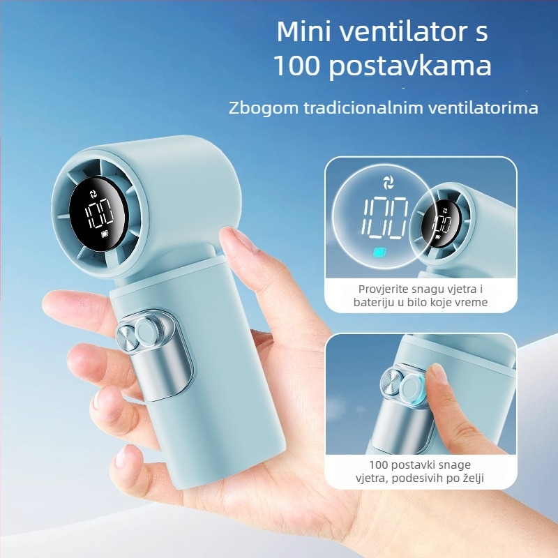Ručni USB-prijenosni bezlopatni ventilator s digitalnim zaslonom, visokoučinkovita turbina, ugrađena baterija 2000–4000mAh