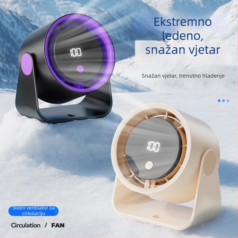 Prijenosni USB stolni ventilator s ugrađenom baterijom i digitalnim zaslonom, 5 lopatica, 5 brzina