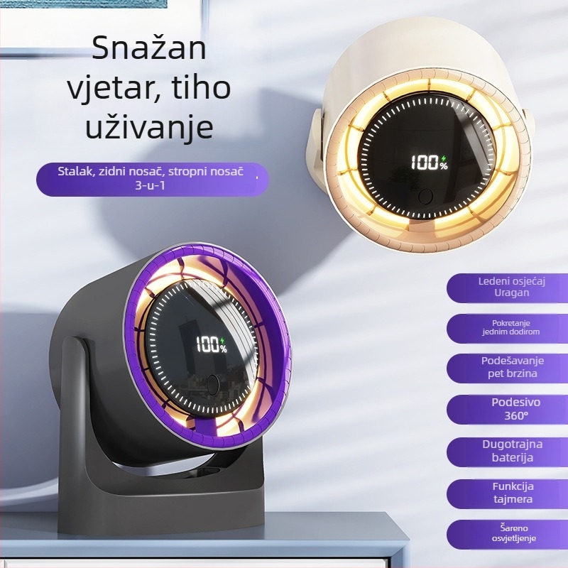 Stolni USB ventilator bez lopatica, ugrađena litijska baterija 1200–2000 mAh, 5 razina brzine, motor bez četkica