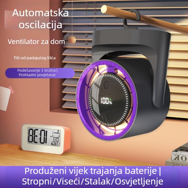Stolni USB ventilator bez lopatica, ugrađena litijska baterija 1200–2000 mAh, 5 razina brzine, motor bez četkica