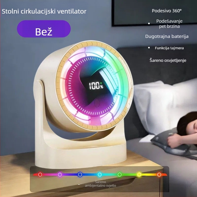 Stolni USB ventilator bez lopatica, ugrađena litijska baterija 1200–2000 mAh, 5 razina brzine, motor bez četkica
