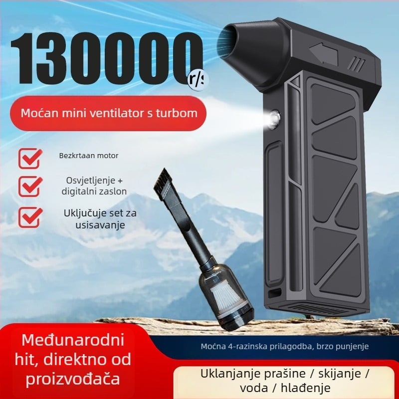 Ručni bežični ventilator s ugrađenom baterijom, 4 brzine, 160 W, USB punjenje, težina 0.25 kg