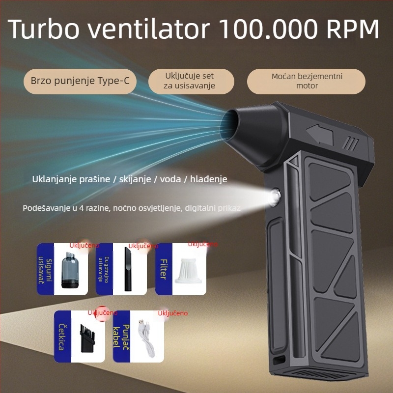 Ručni bežični ventilator s ugrađenom baterijom, 4 brzine, 160 W, USB punjenje, težina 0.25 kg