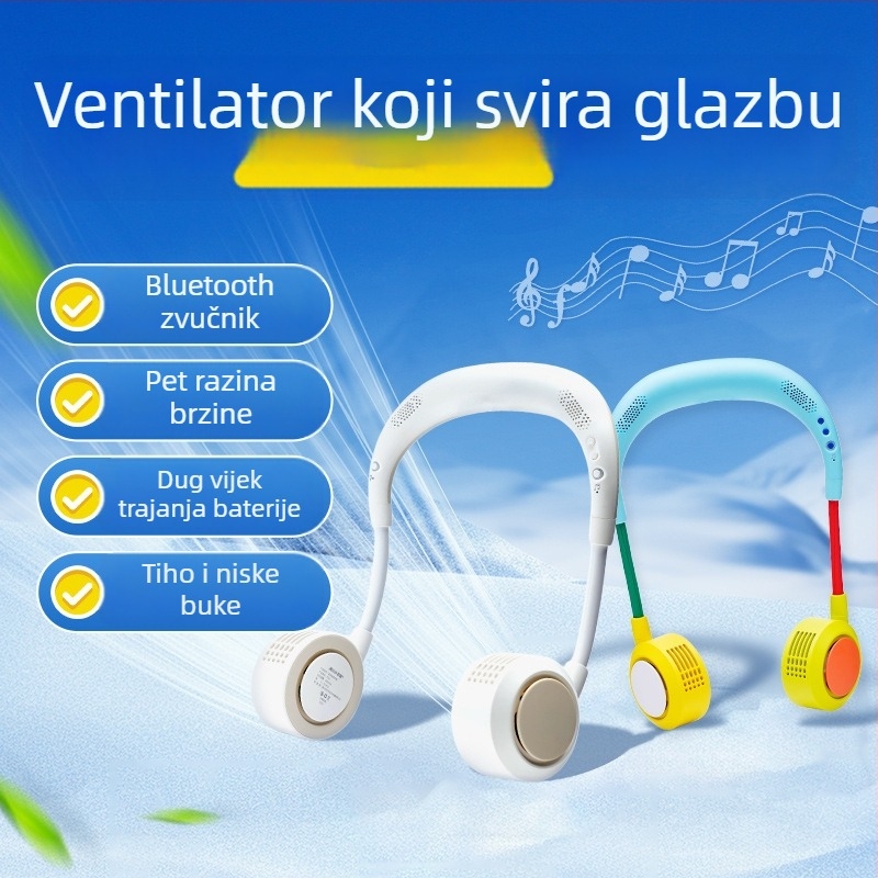 Bluetooth bešični ventilator za vrat, bez lopatica, prijenosni tiši vanjski ventilator za sport