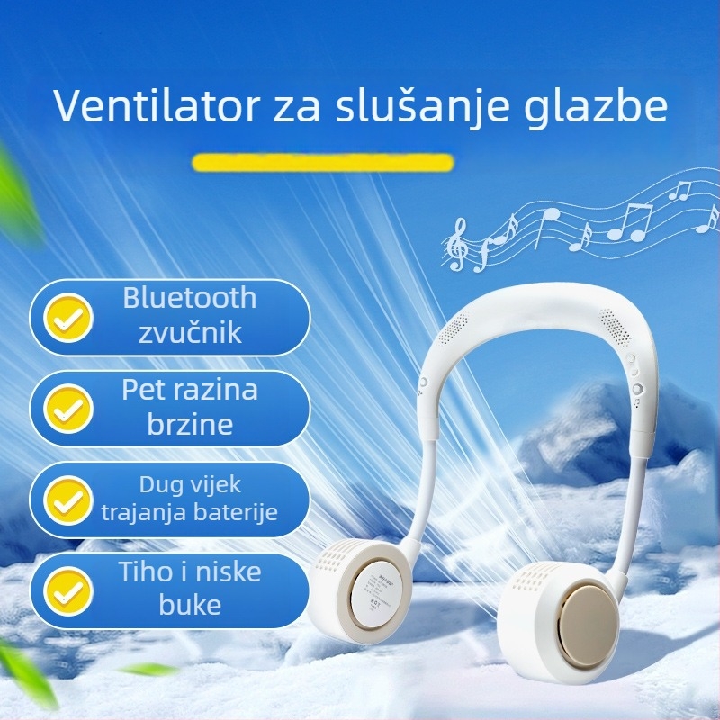 Bluetooth bešični ventilator za vrat, bez lopatica, prijenosni tiši vanjski ventilator za sport