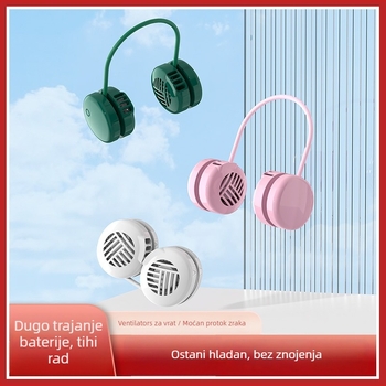 Ventilator za vrat bez lopatica, prenosni, USB punjenje, brushless motor, ugrađena baterija 1200–2000 mAh, trajanje 1–3 sata, tiho ispod 36 dB