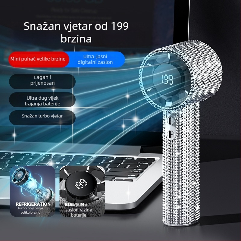 Ručni ventilator s dijamantnom ukrašenjem, 199 brzina, USB, digitalni zaslon, prijenosan, dugotrajni