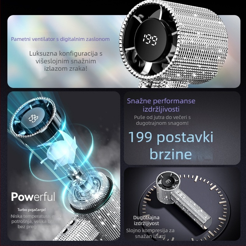 Ručni ventilator s dijamantnom ukrašenjem, 199 brzina, USB, digitalni zaslon, prijenosan, dugotrajni