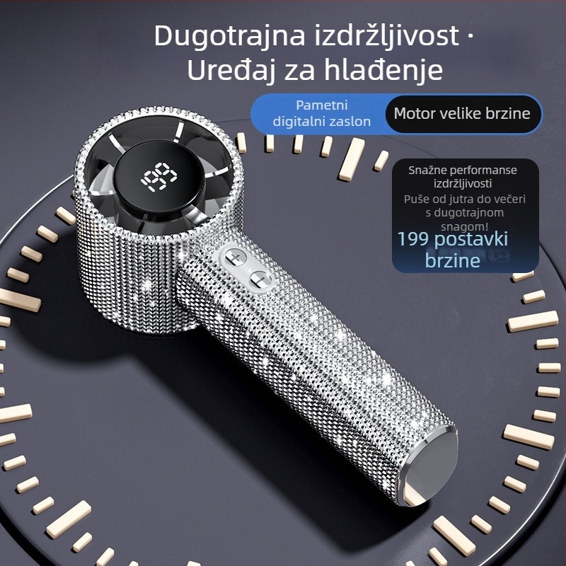 Ručni ventilator s dijamantnom ukrašenjem, 199 brzina, USB, digitalni zaslon, prijenosan, dugotrajni