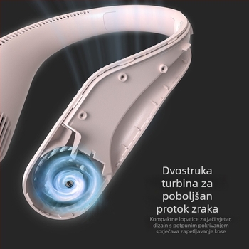 Bezlopatni ventilator za vrat, USB punjenje, ugrađena baterija 2000–4000 mAh, trajanje 6–8 sati, buka ispod 40 dB
