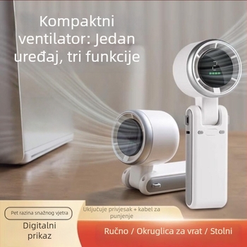 Sklopivi ručni USB ventilator s mogućnošću kačenja oko vrata, ugrađena baterija 2000–4000mAh, brushless motor, tih, 5V/5W, neprekidno podešavanje brzine, lijevo-desna oscilacija