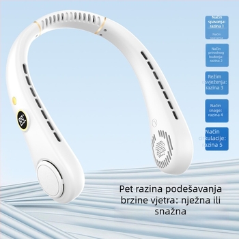 Bez lopatica ventilator za vrat, 5-stupanjska regulacija brzine, ugrađena baterija 2000–4000 mAh, USB napajanje, niska buka 36–45 dB