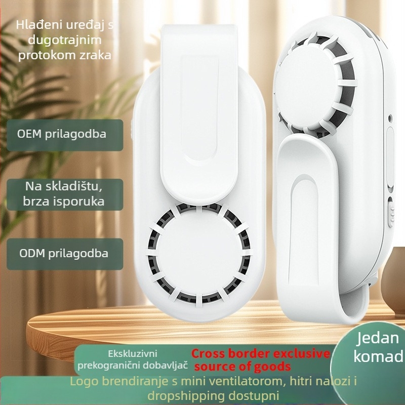 Klipni mini ventilator bez lopatica, USB napajanje, ugrađena baterija 300–500 mAh, 3 brzine, 3–6 sati rada, traka za vrat
