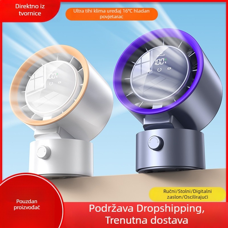 Stolni USB ventilator s digitalnim zaslonom i dodirnim upravljanjem, turbinski dizajn, ugrađena baterija, 3 brzine za dom, ured, studenti dom