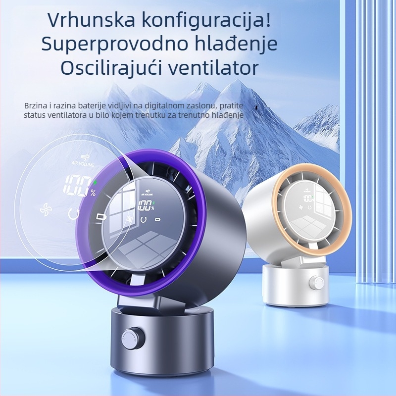 Stolni USB ventilator s digitalnim zaslonom i dodirnim upravljanjem, turbinski dizajn, ugrađena baterija, 3 brzine za dom, ured, studenti dom