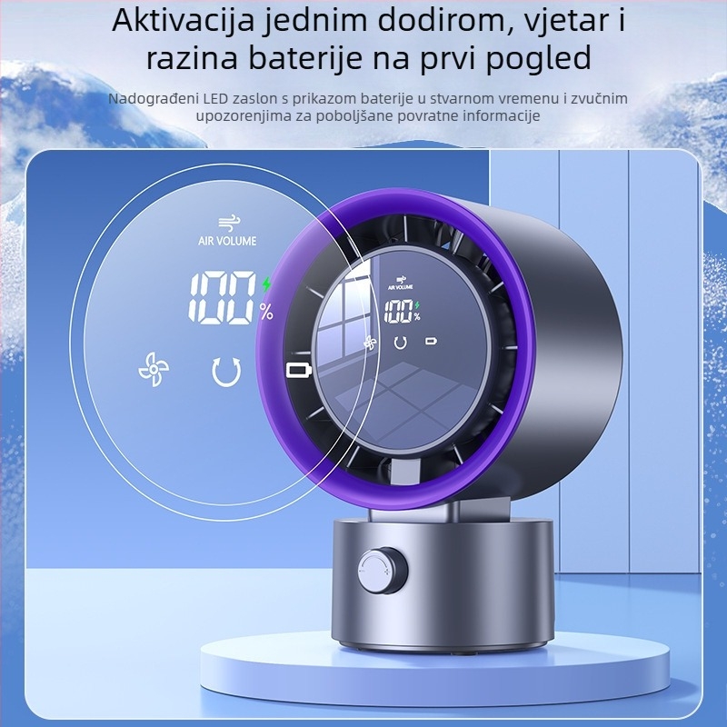 Stolni USB ventilator s digitalnim zaslonom i dodirnim upravljanjem, turbinski dizajn, ugrađena baterija, 3 brzine za dom, ured, studenti dom