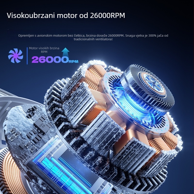 Ručni ventilator bladeless bez lopatica, ugrađena baterija 2000–4000 mAh, brushless motor, 5 V, 4.5 W, tihi rad ispod 36 dB, beskonačna regulacija brzine, upravljanje povlačenjem