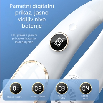Ventilator bez lopatica oko vrata, USB punjenje, ugrađena baterija, digitalni zaslon, 4 brzine