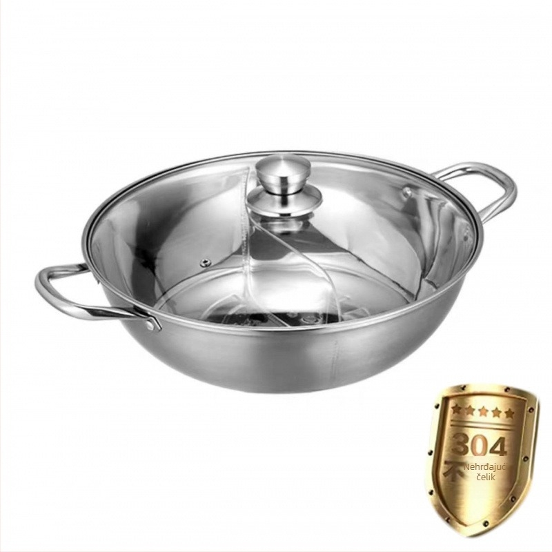 Hot pot od 304 nehrđajućeg čelika, debeli dizajn, staklena poklopac, model WF-XFY1, kapacitet 2,1–4 l, masa 1,5 kg