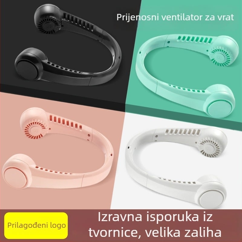 Ventilator za vrat, USB punjiv, ugrađena baterija 1200–2000 mAh, 3 brzine, bez lopatica