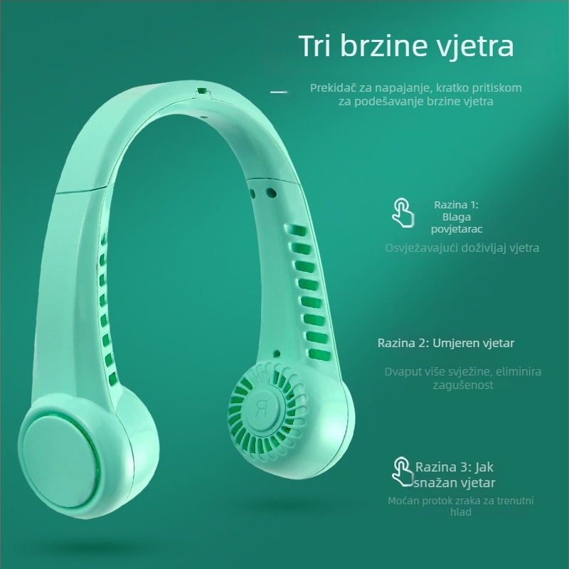 Ventilator za vrat, USB punjiv, ugrađena baterija 1200–2000 mAh, 3 brzine, bez lopatica