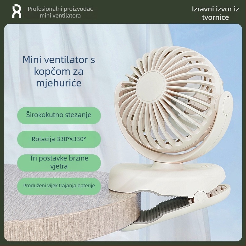 Nova kompaktna clip-on ventilator, mini prijenosni ventilator za vanjsku upotrebu s USB punjenjem, za kuću, studentski dom i stol.
