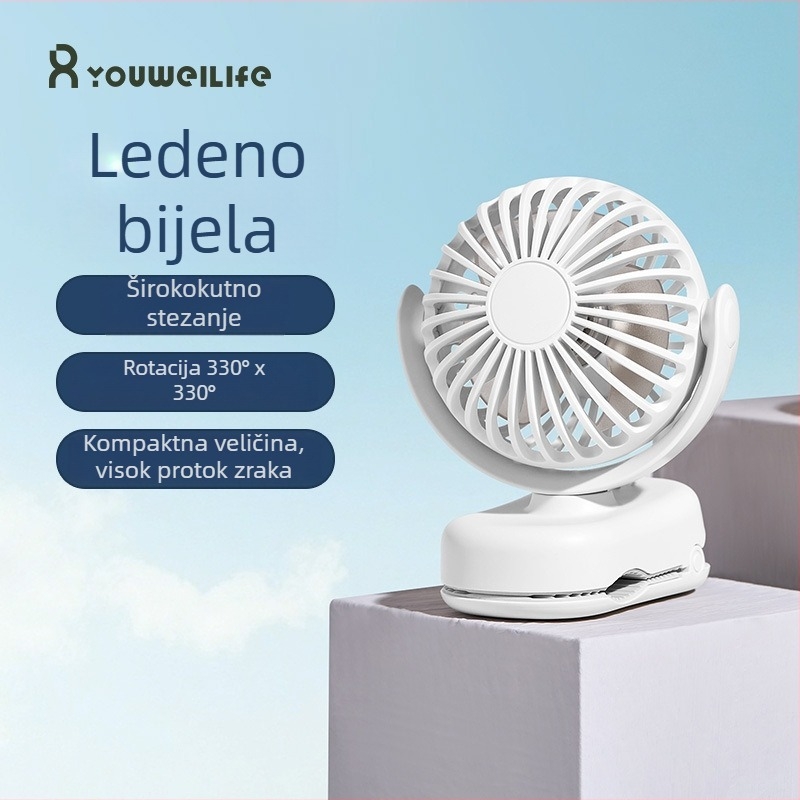 Nova kompaktna clip-on ventilator, mini prijenosni ventilator za vanjsku upotrebu s USB punjenjem, za kuću, studentski dom i stol.