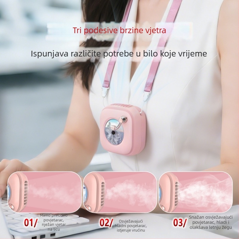 Ventilator za vrat, mini, bez lopatica, 2 brzine, Type-C punjenje, ugrađena baterija 1000–1200 mAh, tih