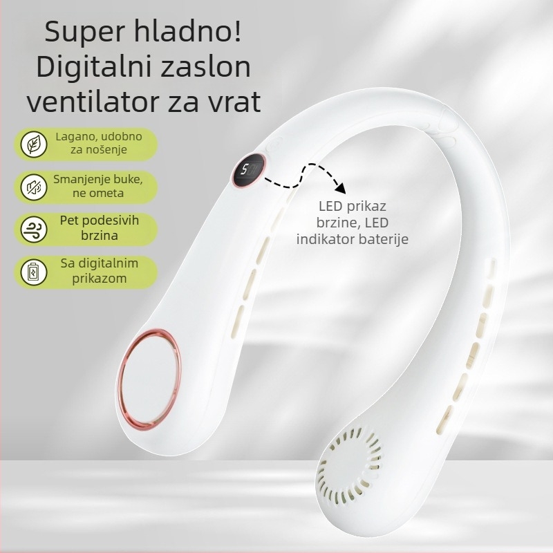 Ventilator za vrat bez lopatica, sklopiv, USB punjiv, s baterijom 500–800 mAh, pet brzina, lagan 250 g.