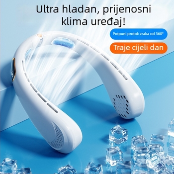 Prenosni ventilator za vrat, USB napajanje, 5W nominalna snaga, 4 brzine protoka zraka, ugrađena baterija 500–800 mAh, trajanje 3–6 sati