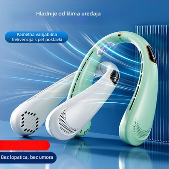 Prenosni ventilator za vrat, USB napajanje, 5W nominalna snaga, 4 brzine protoka zraka, ugrađena baterija 500–800 mAh, trajanje 3–6 sati