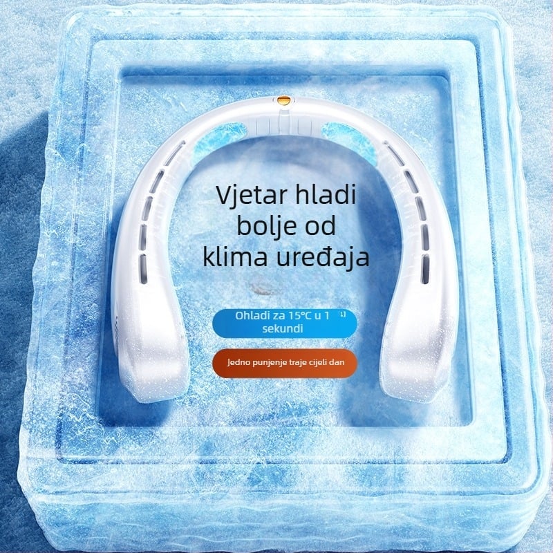 Prenosni ventilator za vrat, USB napajanje, 5W nominalna snaga, 4 brzine protoka zraka, ugrađena baterija 500–800 mAh, trajanje 3–6 sati