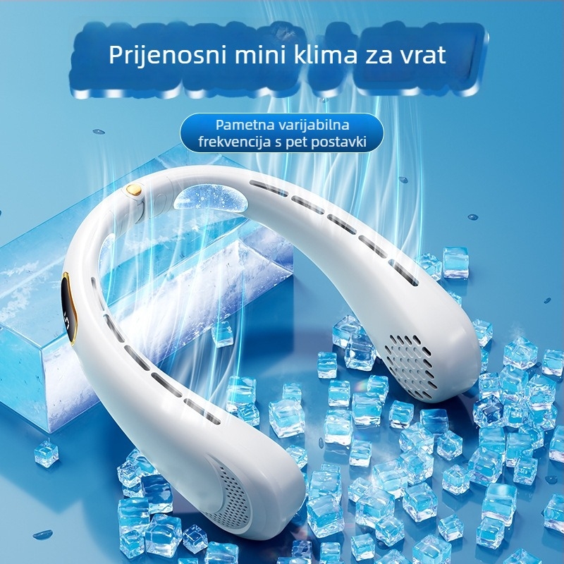 Prenosni ventilator za vrat, USB napajanje, 5W nominalna snaga, 4 brzine protoka zraka, ugrađena baterija 500–800 mAh, trajanje 3–6 sati