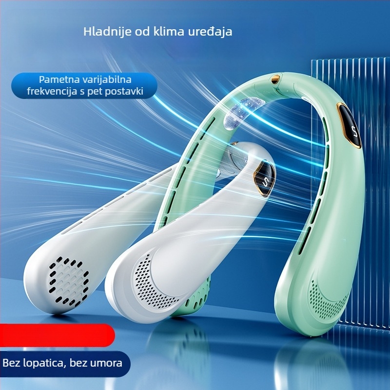 Prenosni ventilator za vrat, USB napajanje, 5W nominalna snaga, 4 brzine protoka zraka, ugrađena baterija 500–800 mAh, trajanje 3–6 sati