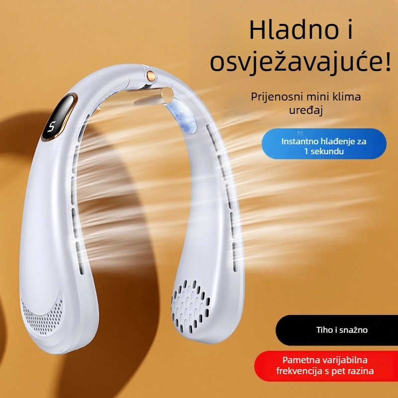 Prenosni ventilator za vrat, USB napajanje, 5W nominalna snaga, 4 brzine protoka zraka, ugrađena baterija 500–800 mAh, trajanje 3–6 sati