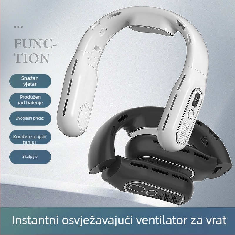 Ventilator bez lopatica s sklopivom oko vrata, prijenosni, tih, s digitalnim zaslonom, USB napajanje, ugrađena baterija 2000–4000 mAh, za otvorene prostore