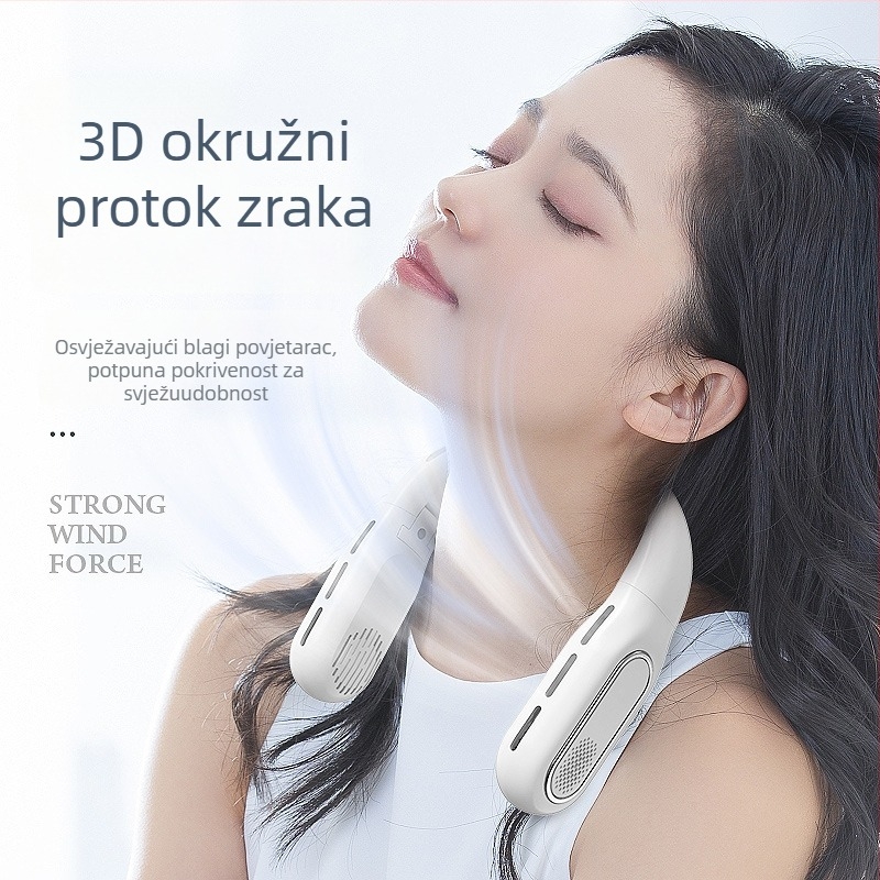 Ventilator bez lopatica s sklopivom oko vrata, prijenosni, tih, s digitalnim zaslonom, USB napajanje, ugrađena baterija 2000–4000 mAh, za otvorene prostore