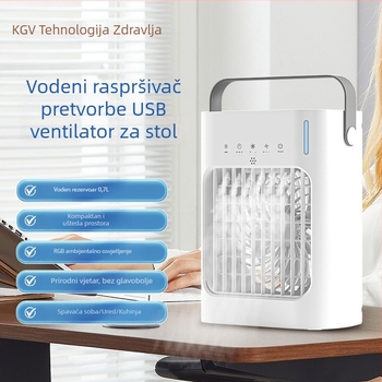 Mini prijenosni ventilator s raspršivanjem vode za hlađenje, vlaženje i atomizaciju — napajanje AC, brushless motor, 700 ml spremnik vode, 3 brzine, stolni ventilator