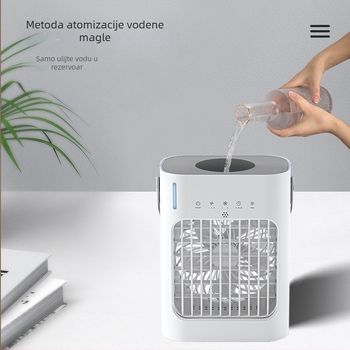Mini prijenosni ventilator s raspršivanjem vode za hlađenje, vlaženje i atomizaciju — napajanje AC, brushless motor, 700 ml spremnik vode, 3 brzine, stolni ventilator