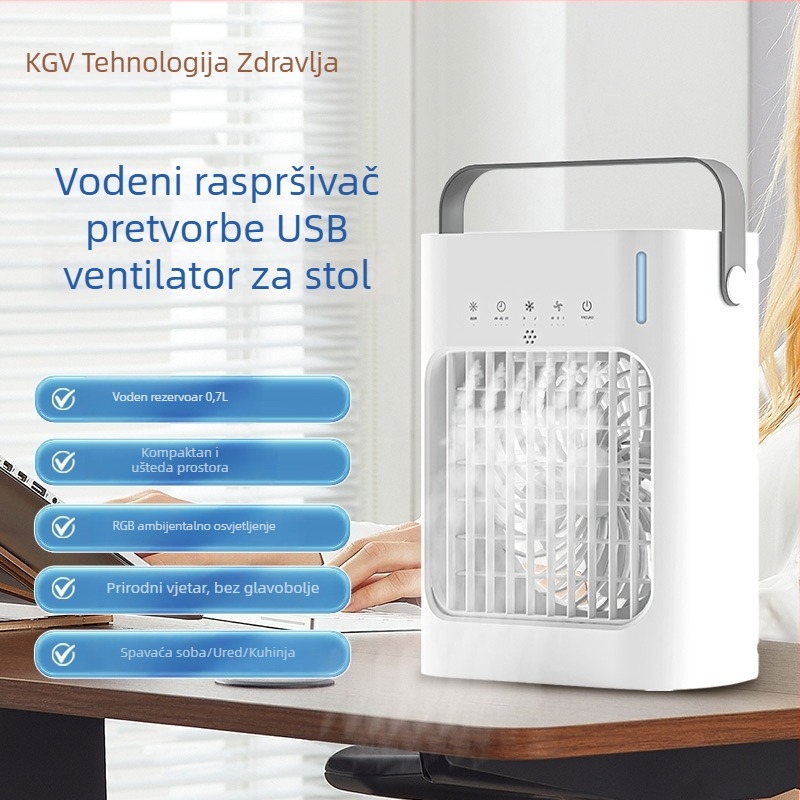 Mini prijenosni ventilator s raspršivanjem vode za hlađenje, vlaženje i atomizaciju — napajanje AC, brushless motor, 700 ml spremnik vode, 3 brzine, stolni ventilator