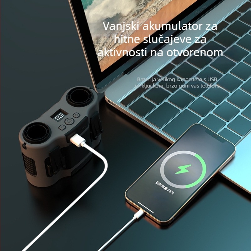 Ventilator za pojas s dvostrukim izlazom zraka — USB napajanje, ugrađena baterija 6000mAh, prenosiv, motor bez četkica