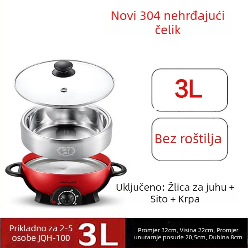 Električna višenamjenska posuda od nehrđajućeg čelika, 800W, 220V, unutarnji lonac od 304 nehrđajućeg čelika, zaštita od sušenja, mehaničko upravljanje