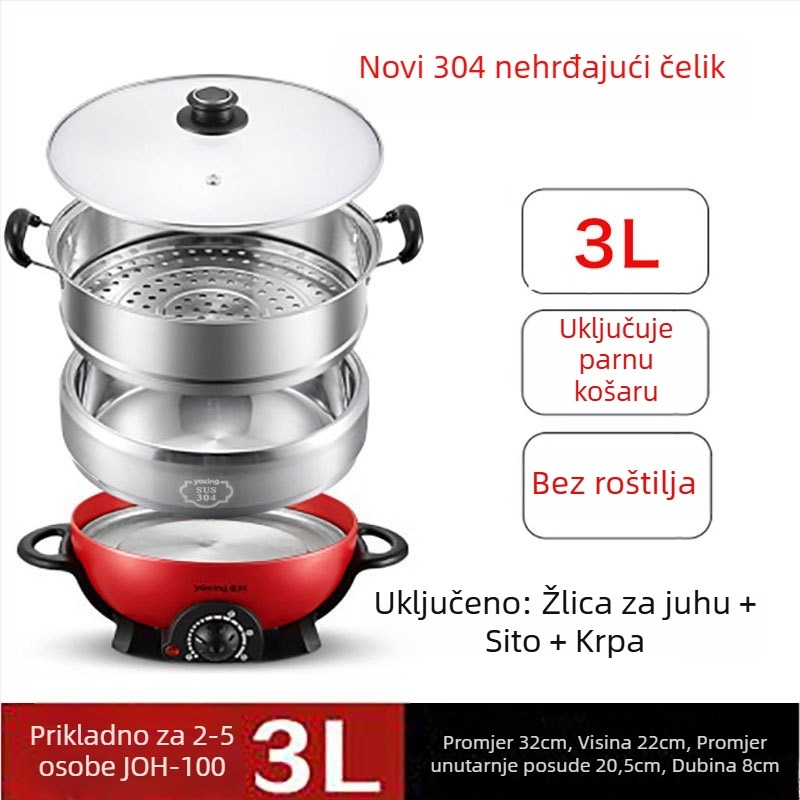 Električna višenamjenska posuda od nehrđajućeg čelika, 800W, 220V, unutarnji lonac od 304 nehrđajućeg čelika, zaštita od sušenja, mehaničko upravljanje