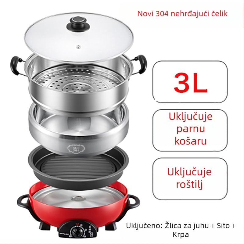 Električna višenamjenska posuda od nehrđajućeg čelika, 800W, 220V, unutarnji lonac od 304 nehrđajućeg čelika, zaštita od sušenja, mehaničko upravljanje