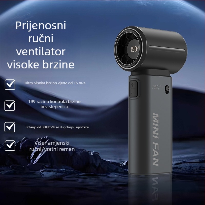 Ručni ventilator bez lopatica, ugrađena baterija 2000–4000 mAh, USB punjenje, 5 brzina, buka ≤ 36 dB, brushless motor, kompaktni prijenosni vanjski ventilator