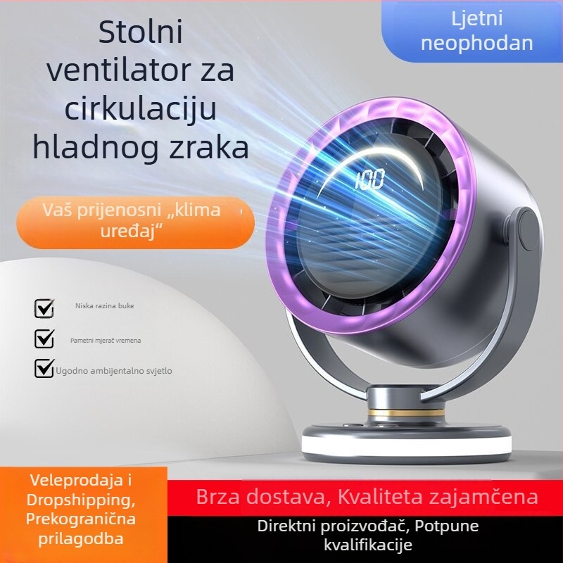 Ventilator bez lopatice s USB napajanjem, klips za pričvršćivanje, stolni ili zidni, prijenosni, s ugrađenom baterijom, 6 brzina