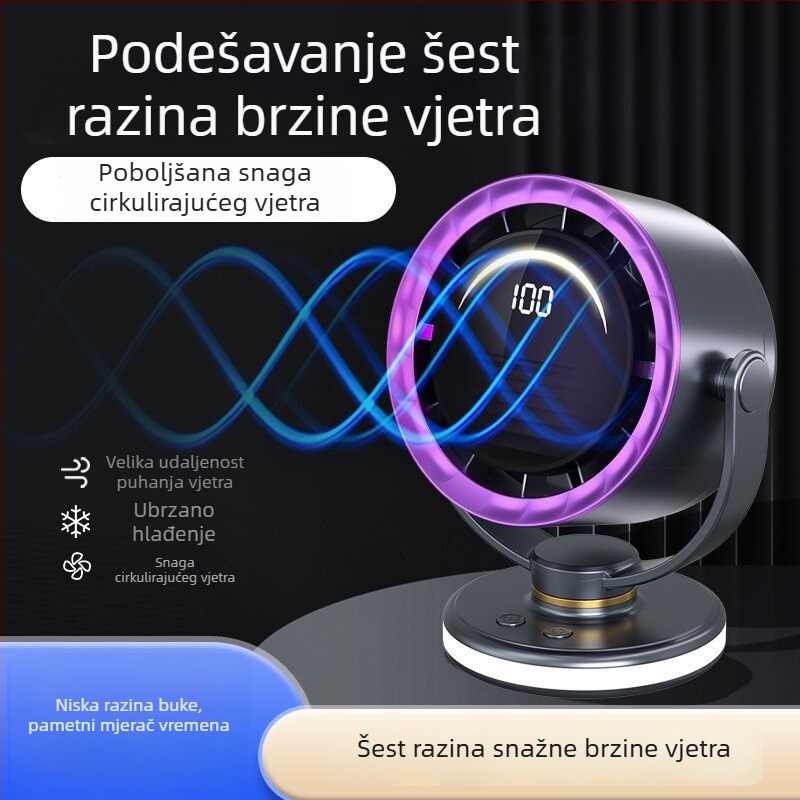 Ventilator bez lopatice s USB napajanjem, klips za pričvršćivanje, stolni ili zidni, prijenosni, s ugrađenom baterijom, 6 brzina