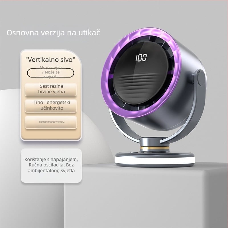 Ventilator bez lopatice s USB napajanjem, klips za pričvršćivanje, stolni ili zidni, prijenosni, s ugrađenom baterijom, 6 brzina